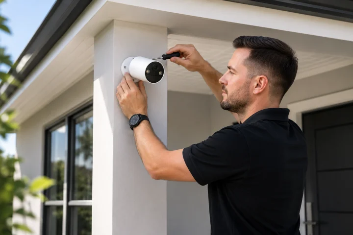 Technician installing a security camera